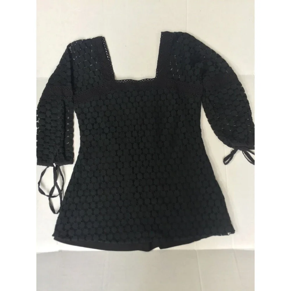 Solitaire Black Circle Eyelet Square Neck Blouse Tie Sleeve Size Small Bohemian